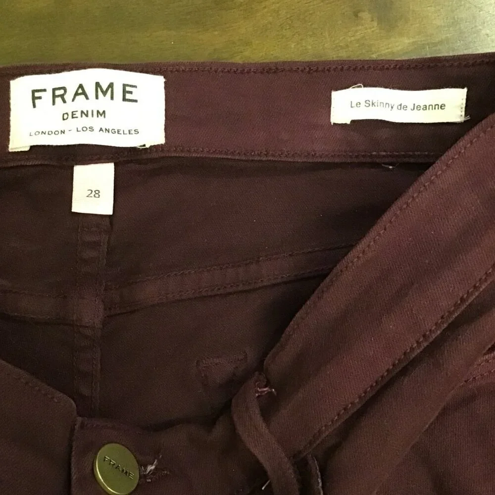 Frame 28 Le Skinny De Jeanne Mahogany Rips Women’s Skinny Burgundy Jeans Distres